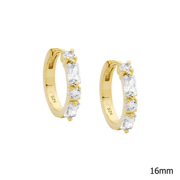Sterling Silver Cubic Zirconia Round & Baguette 16mm Hoop Earrings With Gold Plating 
