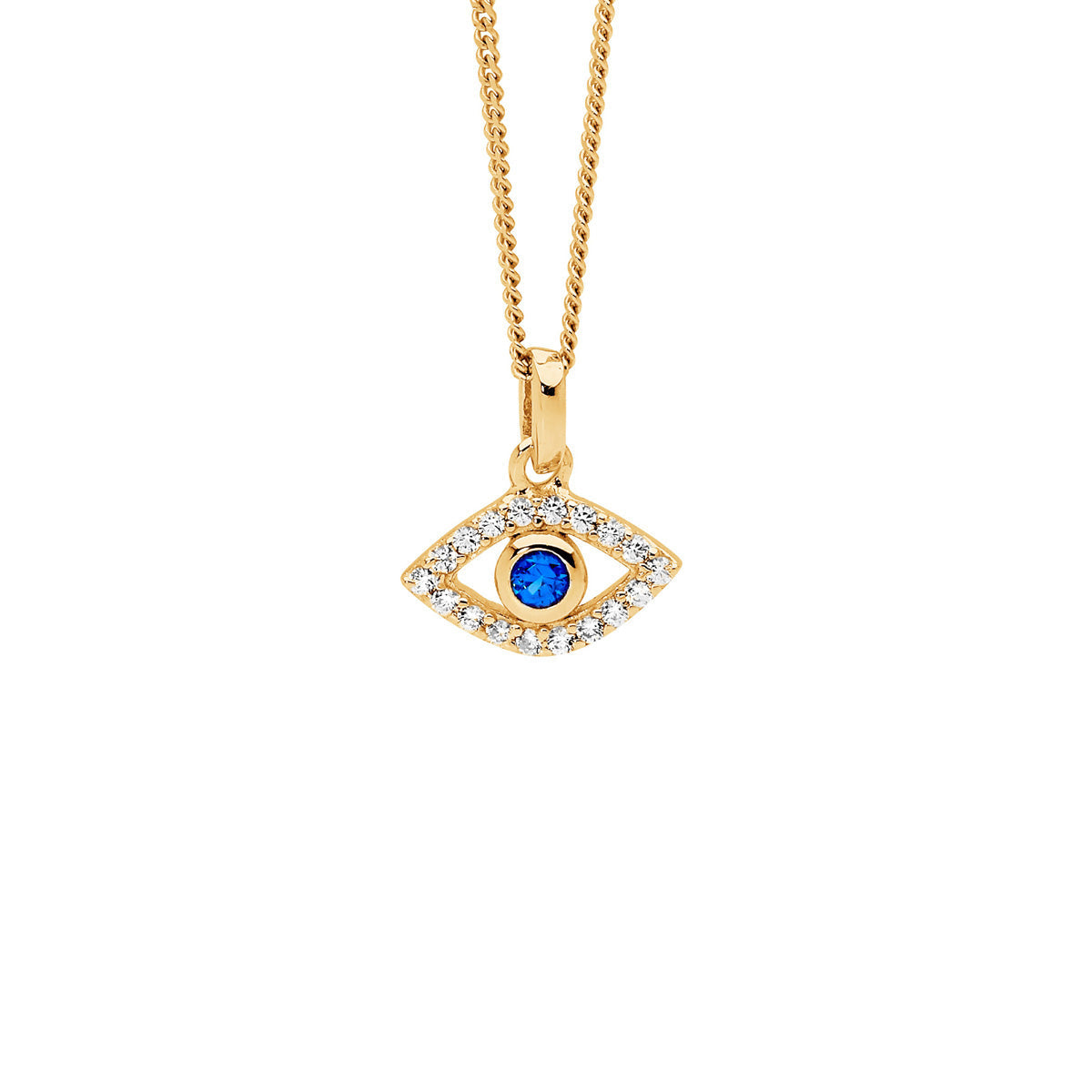 Sterling Silver & Cubic Zirconia Bezel Set Evil Eye Pendant with Gold Plating 