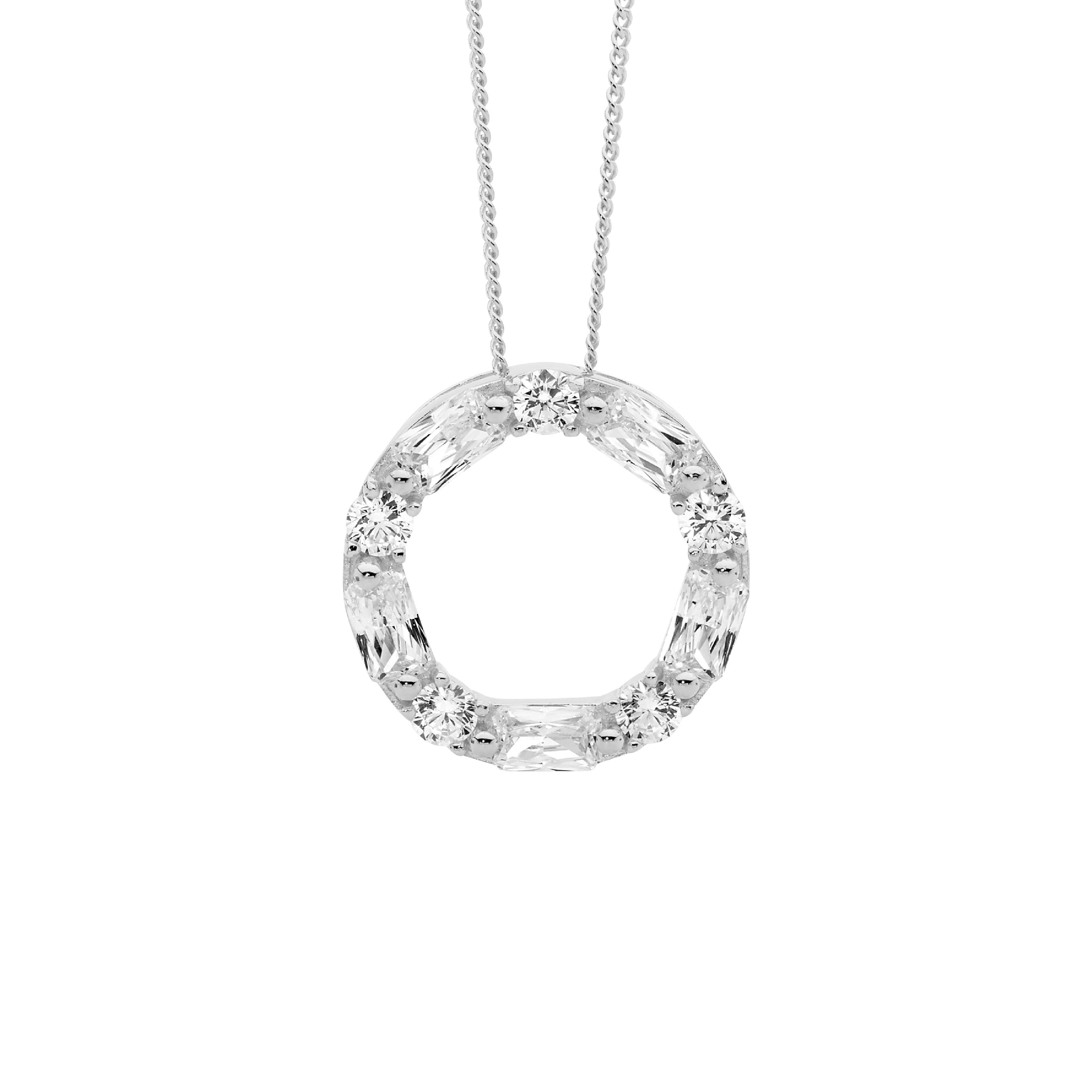 Sterling Silver Cubic Zirconia Round & Baguette 18mm Circle Pendant 