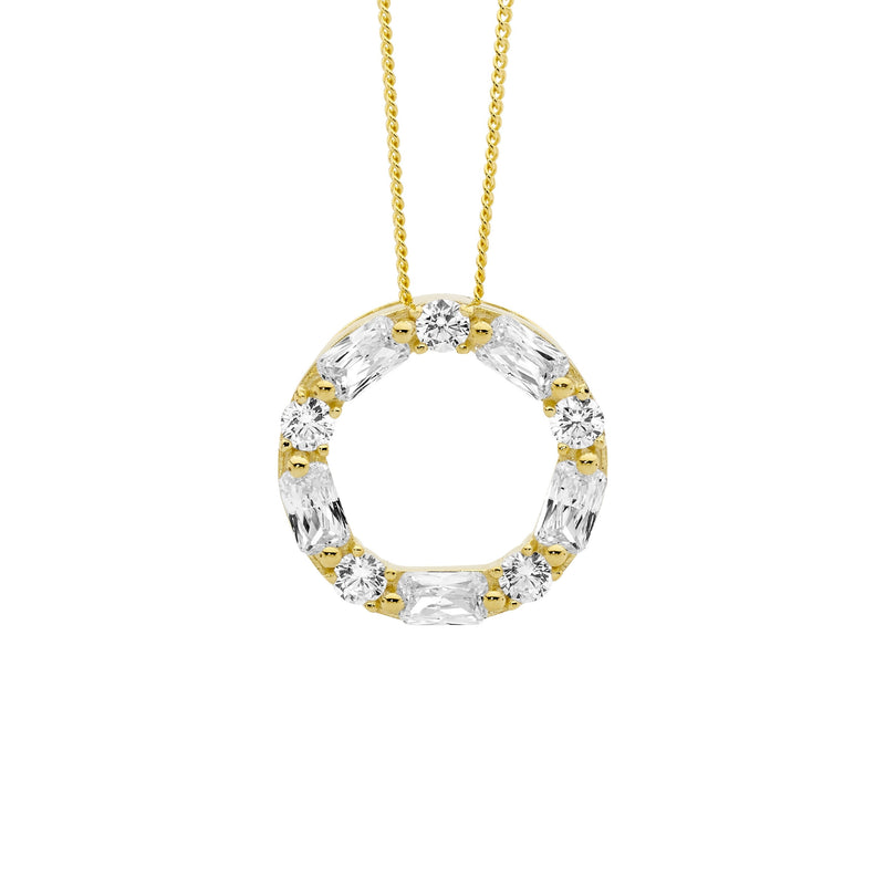 Sterling Silver Cubic Zirconia Round & Baguette 18mm Circle Pendant With Gold Plating 