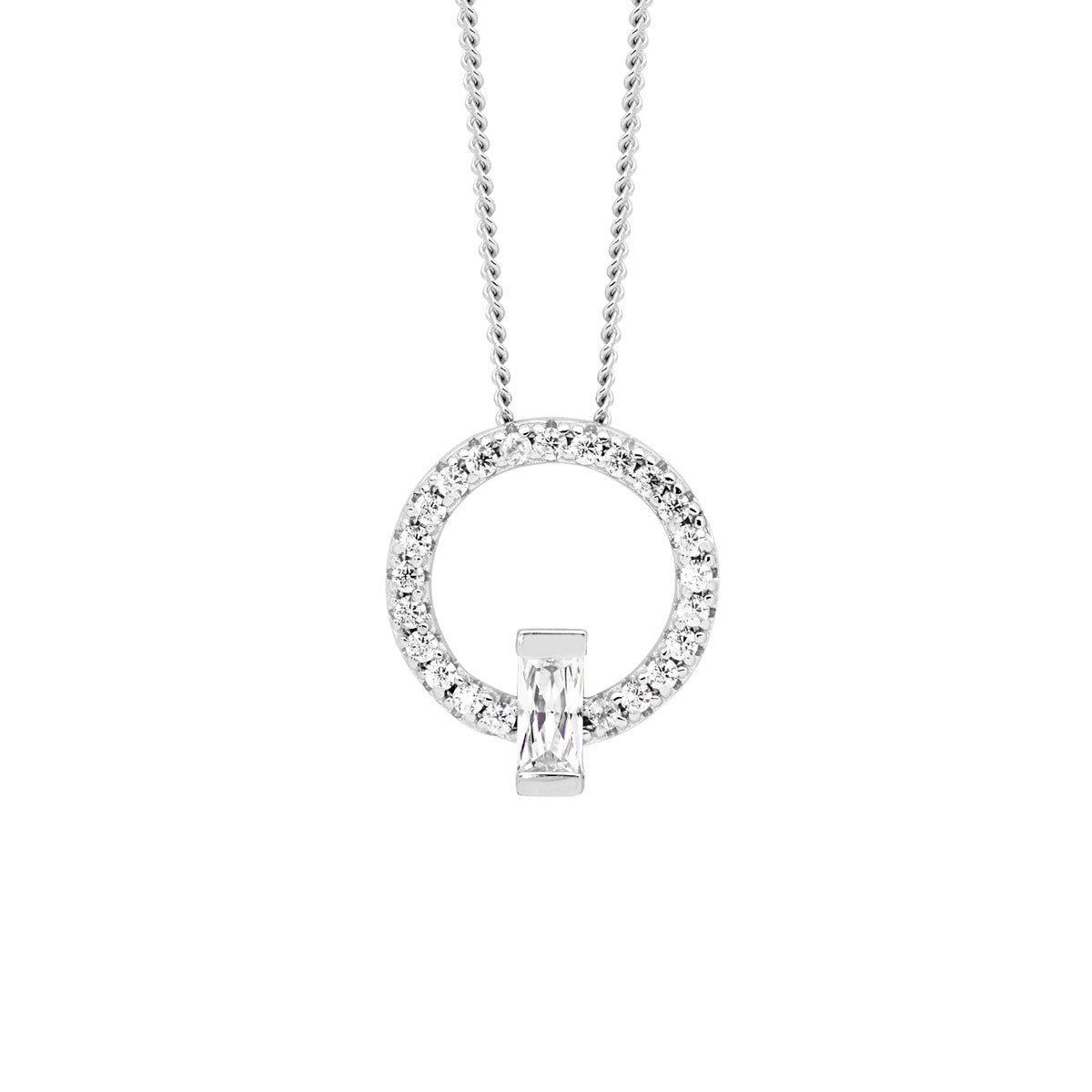 Sterling Silver Cubic Zirconia Open Circle Pendant with Baguette Cubic Zirconia 